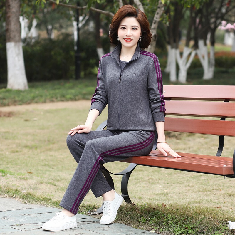 Middle-aged and Elderly Mother's Spring and Autumn Sportswear suit Women's Casual Sweatshirt Long-sleeved Jacket Loose plus size Two-piece Set