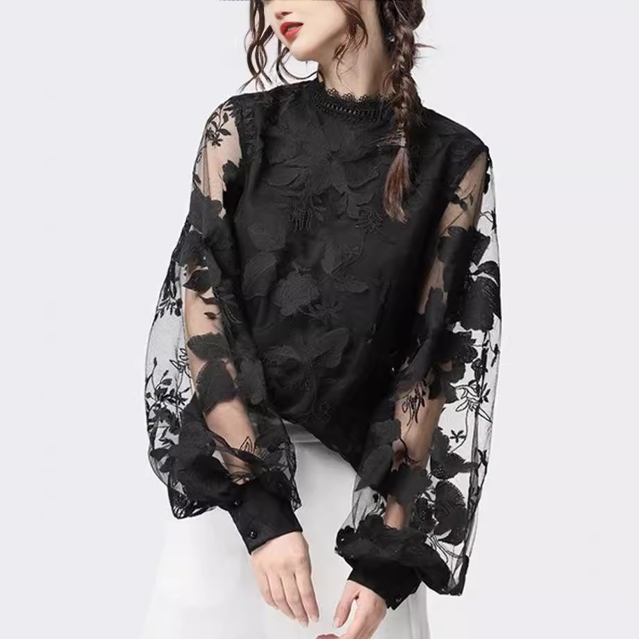 2022 New European and American Foreign Trade Women's Clothing Amazon Lace Puff Sleeve Transparent Round Neck Solid Color Top Shirt Ready in Stock