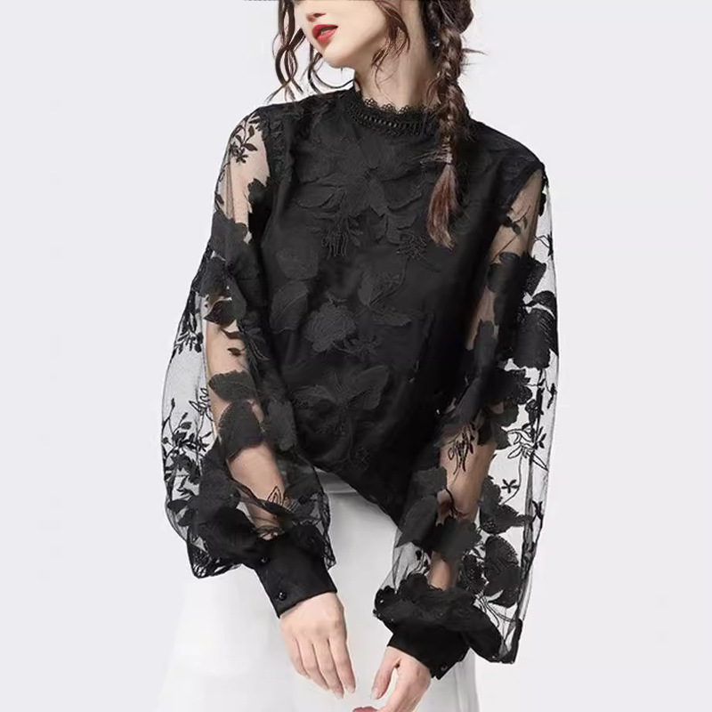 2022 New European and American Foreign Trade Women's Clothing Amazon Lace Puff Sleeve Transparent Round Neck Solid Color Top Shirt Ready in Stock