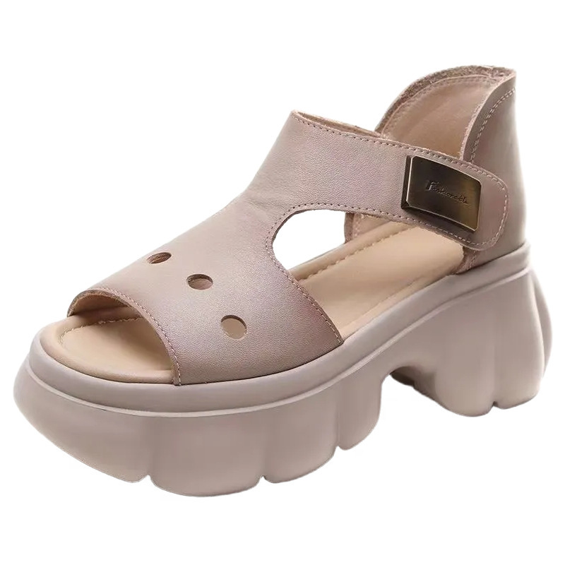2026 verano sandalias romanas para mujeres nuevas retro velcro muffins de suela gruesa para aumentar la altura de las sandalias de cuero suave