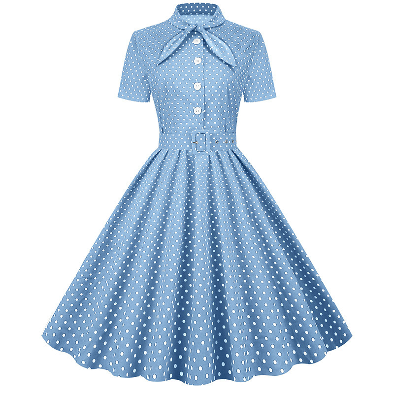 Amazon European and American Cross-Border Foreign Trade Short-Sleeved Button Polka Dot Retro Tie Dress 8031 Amazon European and American Cross-Border Foreign Trade Short-Sleeved Button Polka Dot Retro Tie Dress 8031