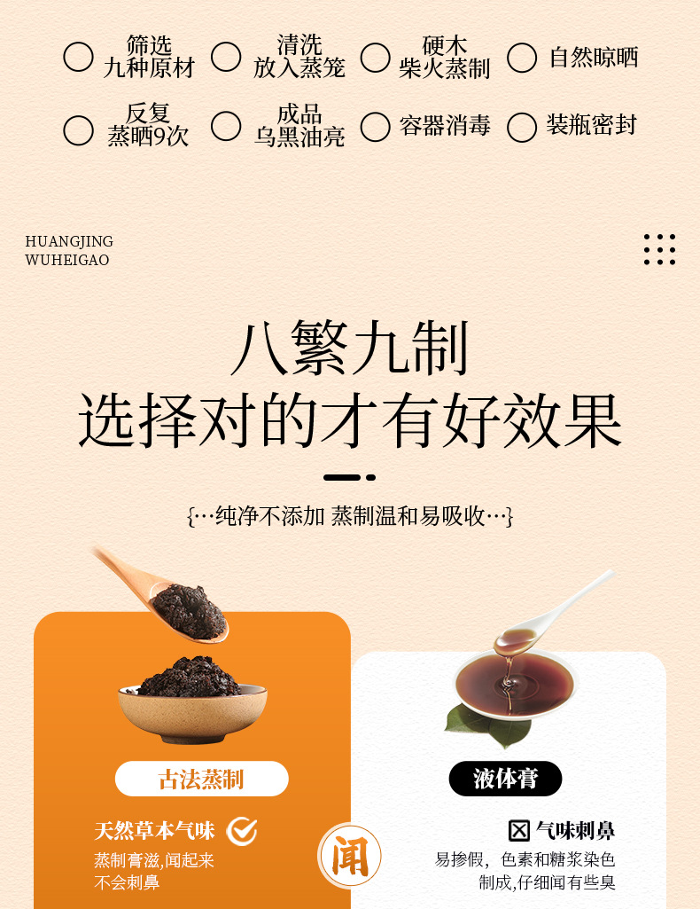 Huangjing Wuhei Gao Herbal Paste Ready to Eat Traditional Steam Processed 220g Glass Jar specifications