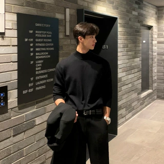 韩版慵懒风半高领毛衣男春秋冬季加绒加厚保暖中领内搭打底针织衫