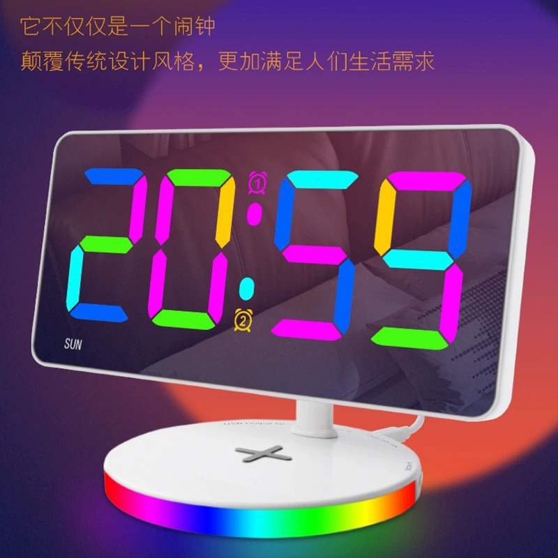 Новый красочный RGB большой экран зеркальный будильник с беспроводной зарядкой ночной свет светодиодные цифровые часы Настольные электронные часы