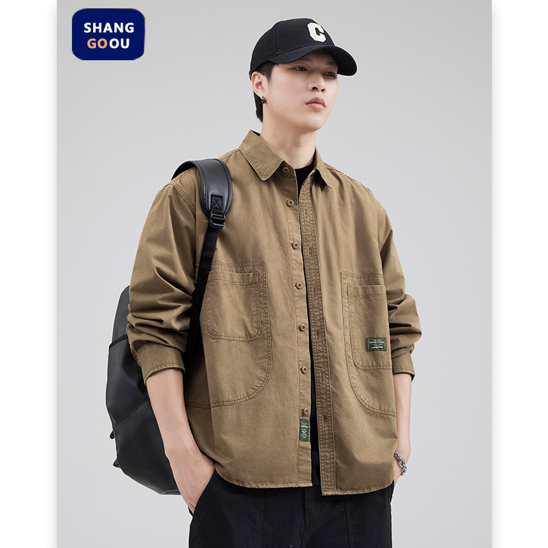 Shanggu Men's Workwear Shirt Long-Sleeve Cardigan Oversized Jacket Casual Youthful Japanese-Style Workwear Cross-Border In-Stock