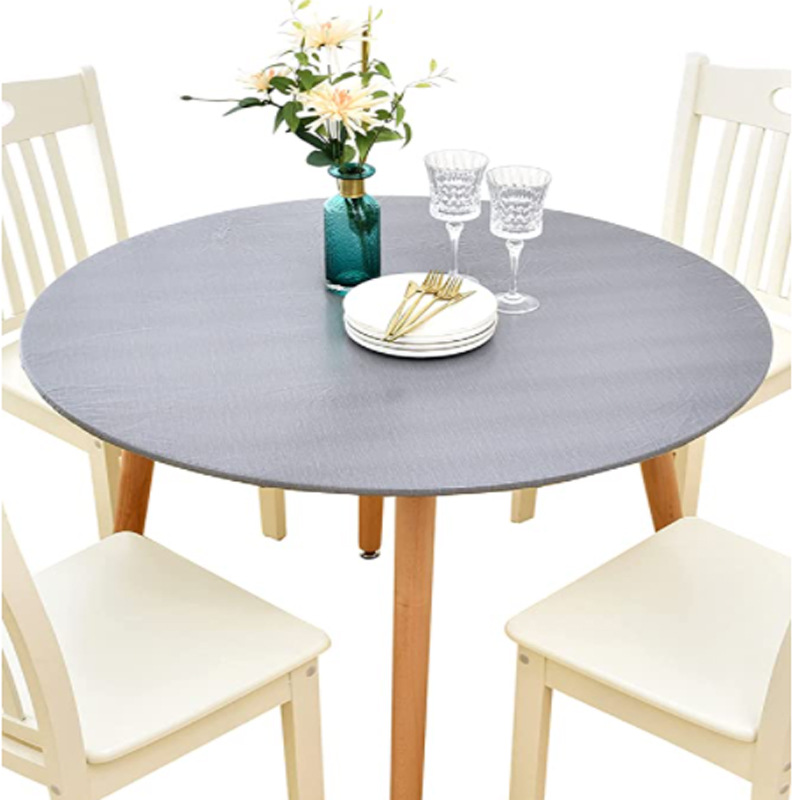 Mantel redondo de PVC transfronterizo impermeable y a prueba de aceite forrado de vellón grueso transparente impreso mantel de plástico banda elástica mantel de grano de madera