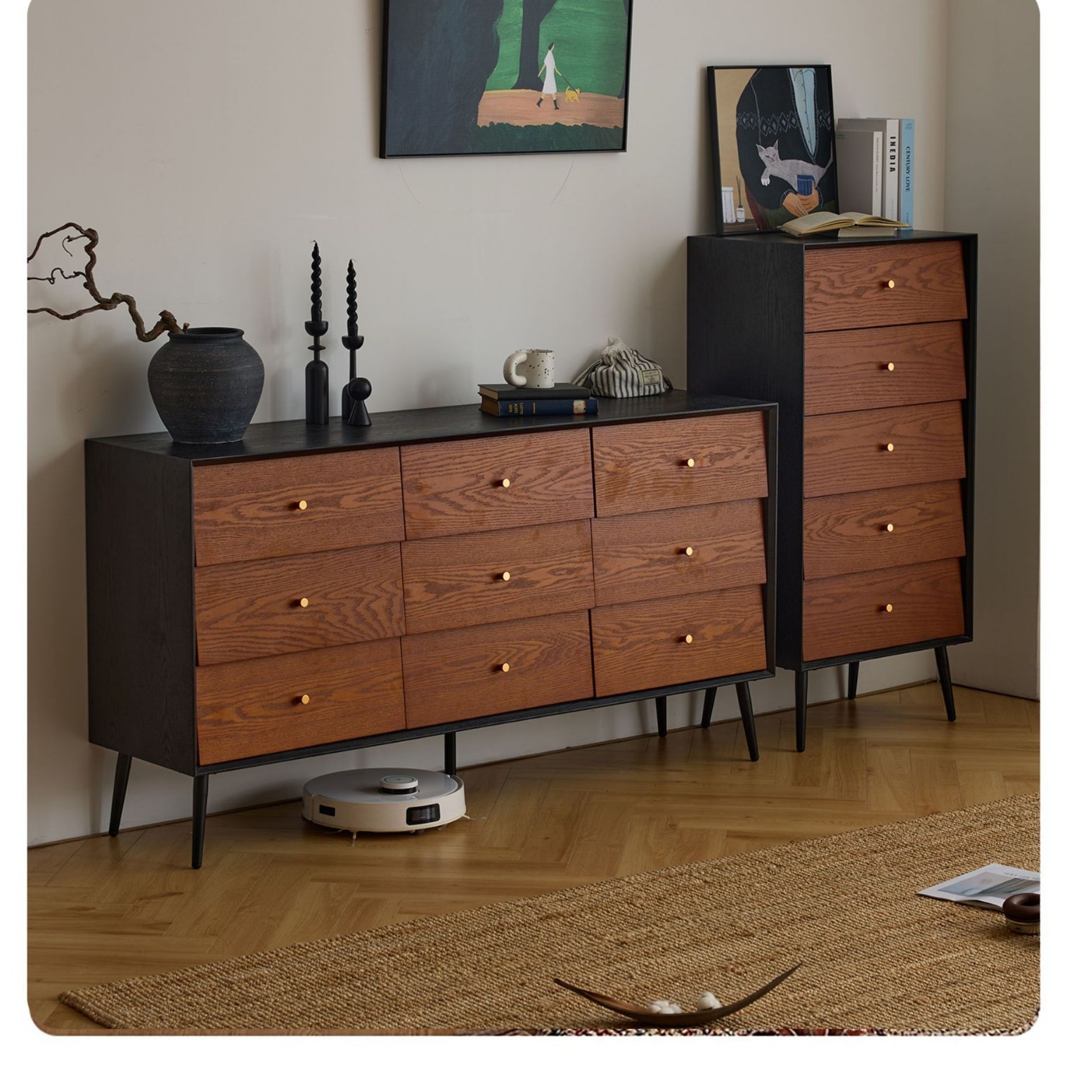 Medieval Style Sideboard Solid Wood Nine-Drawer Cabinet Bedside Storage Living Room Retro Side Drawer Living Room Entrance Cabinet