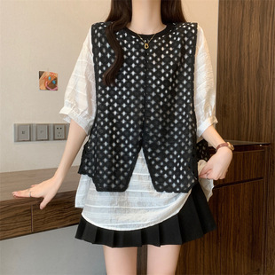 2025 New Summer Fake Two-Piece French Shirt Women's Large Size Versatile Loose Personalized Top m to 4XL