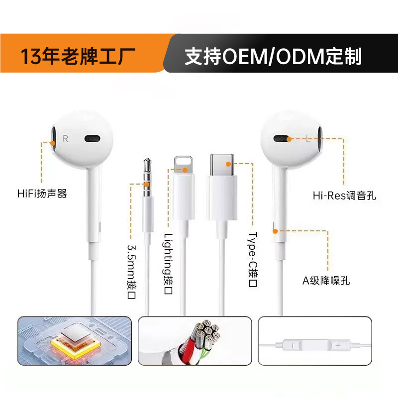 Suitable for Apple wired headphones with in-line controls, direct plug, microphone, lossless sound quality, in-line control headphones, digital decoding headphones