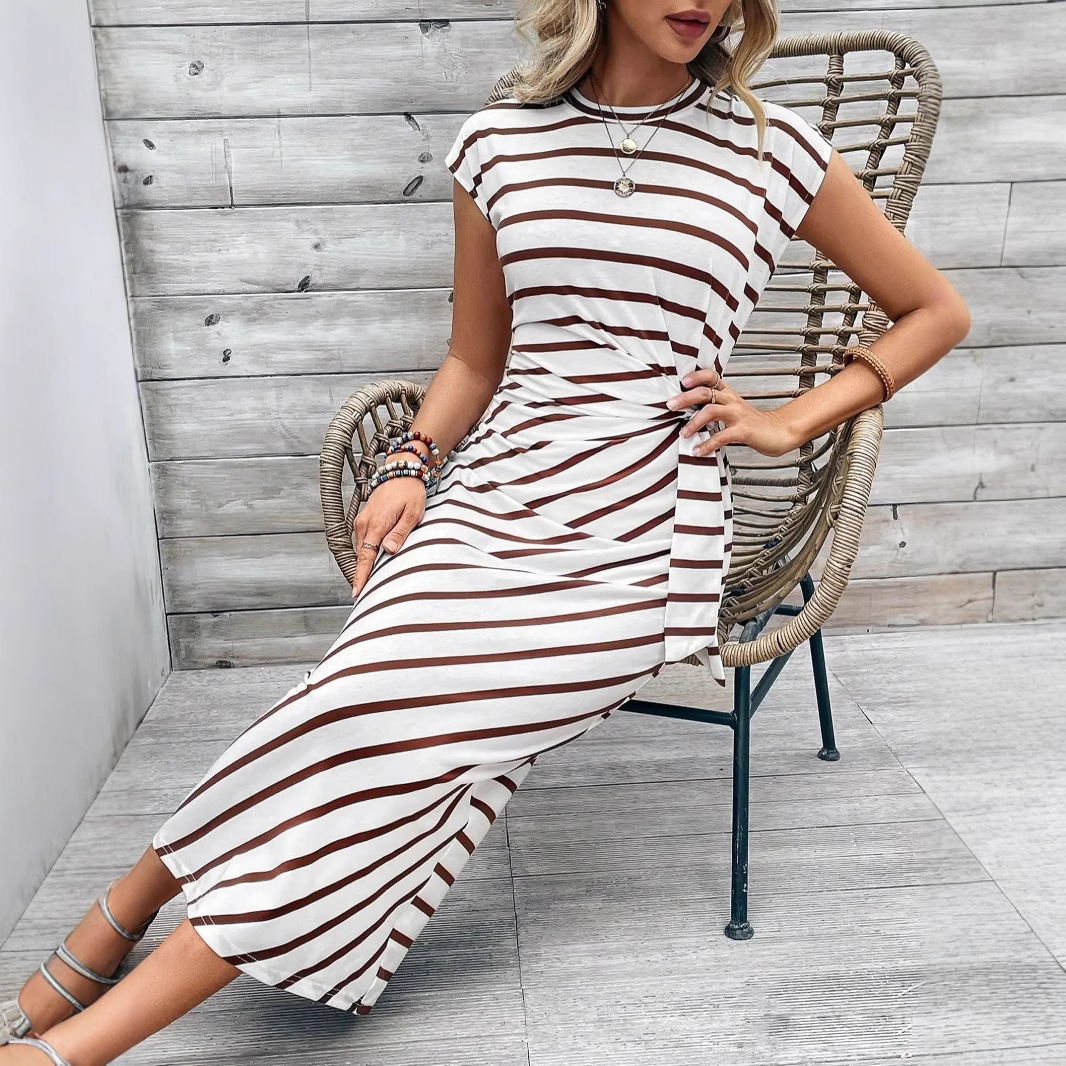 Women's Long Dress With Waist Tie Round Neck Short Sleeved High End Sophisticated Summer Dress_ecoleips.com