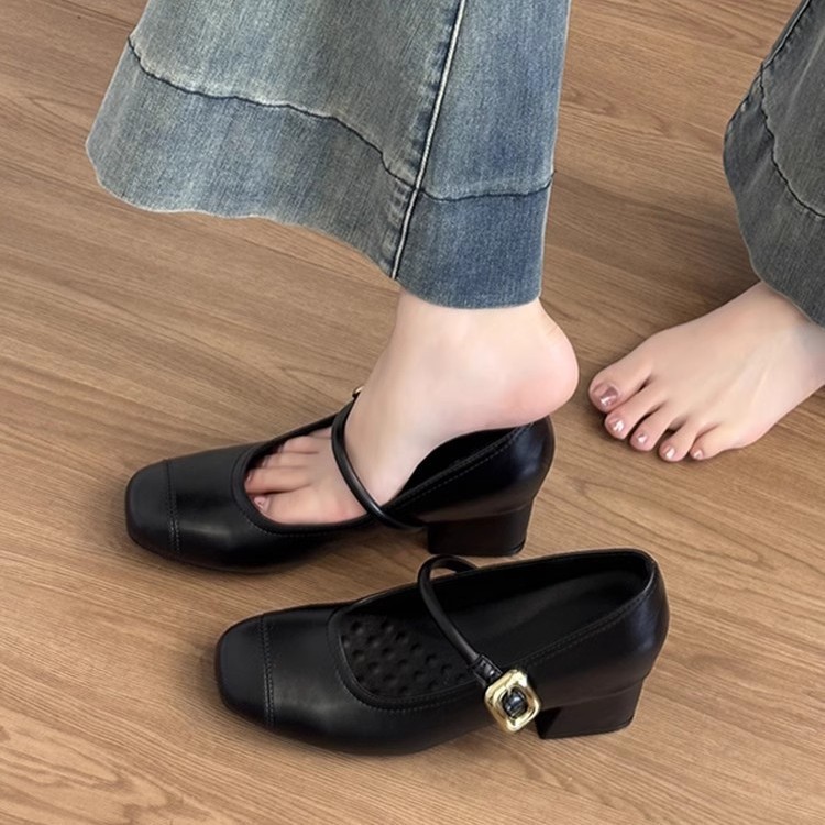 シープスキンバージョン〜本革の太いヒールと女性用のレトロな浅い口の靴、フレンチスタイルの万能メリージェーン革靴|undefined