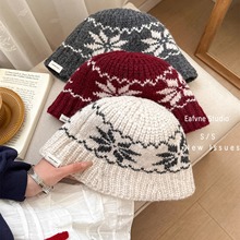 出口日本氛围感复古雪花针织盆帽女秋冬保暖定型冷帽含羊毛渔夫帽