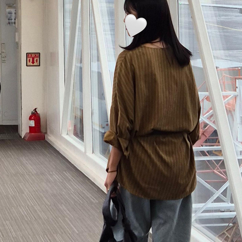 韩国东大门2025秋新款复古休闲小众竖条纹V领显瘦长袖衬衫女上衣|undefined