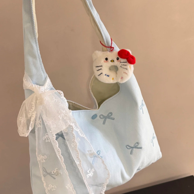 韓国 ins リボン刺繍キャンバスバッグ女性の新しい大容量ショルダートートバッグ学生クラス脇の下バッグ|undefined