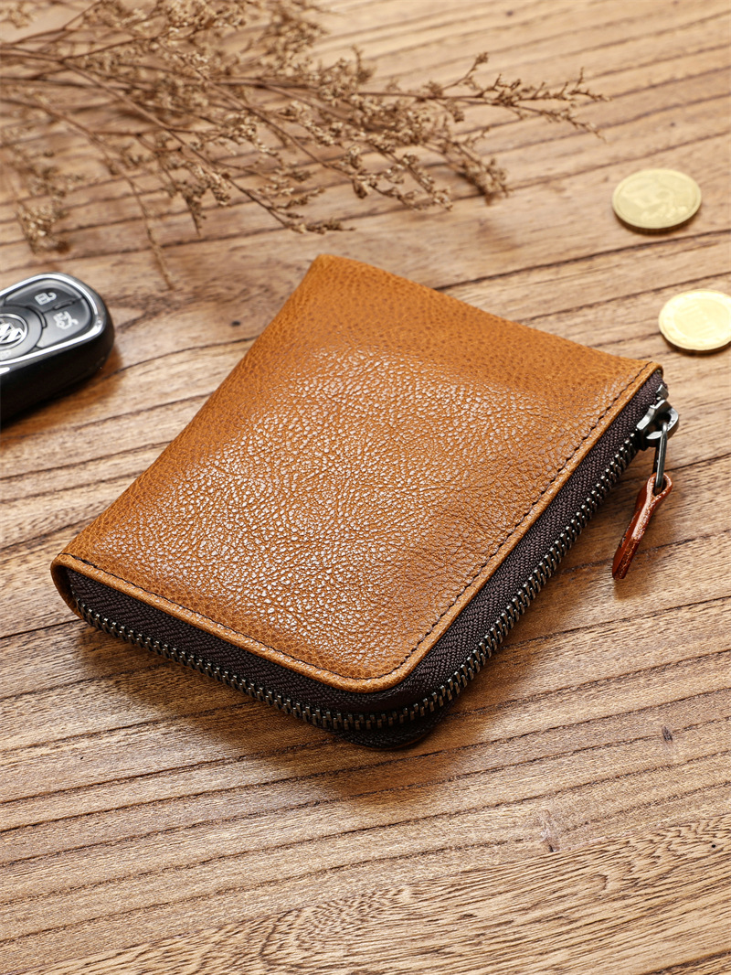 Men's Vegetable Tanned Leather Wallet Short Zipper Driver's License Card Holder Top Layer Cowhide Simple Wallet Multi-card Wallet