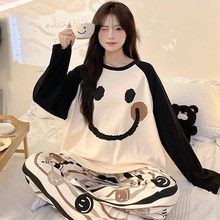春秋款加肥加大码睡衣女200斤胖mm笑脸舒适长袖可外穿家居服套装