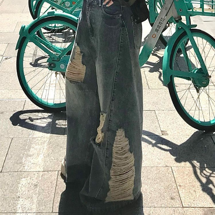 Women's Sexy Loose Fitting Relaxed Fit Denim Jeans American Style Retro Distressed Ripped Floor Length Pants New Spring_mkmklike.com