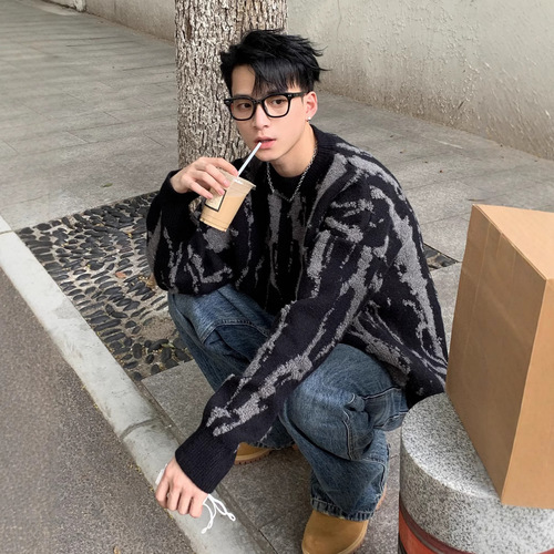 Autumn/Winter Trend Brand Streetwear Colorblock Relaxed Style Coarse Knit Korean Style Men's Thick & Versatile Sweater