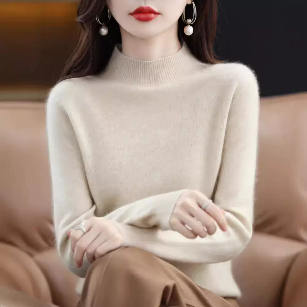 无缝一线成衣半高领羊毛衫女100纯羊毛套头针织内搭针织打底上衣