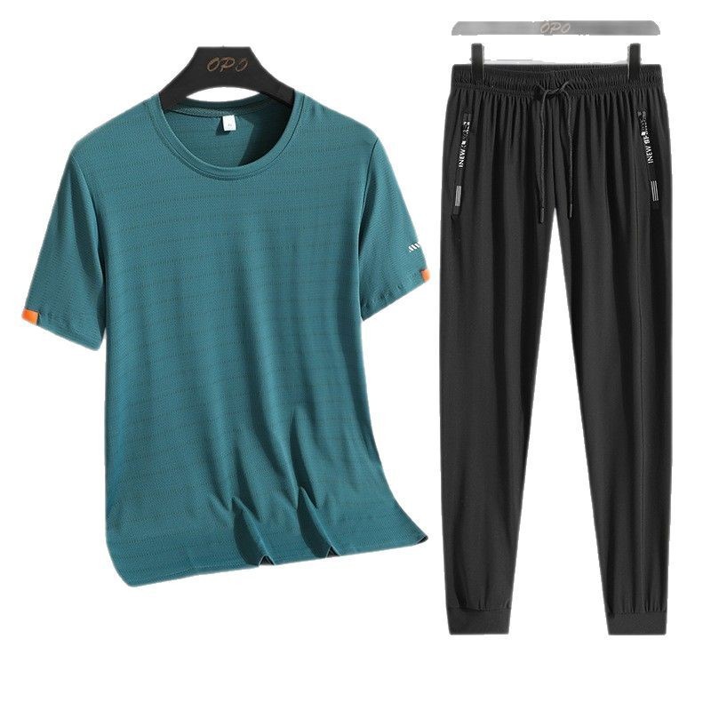 Conjunto casual de verano para hombre, de seda helada, de marca moderna, holgado, talla grande, de secado rápido, camiseta deportiva de dos piezas con pantalones largos.