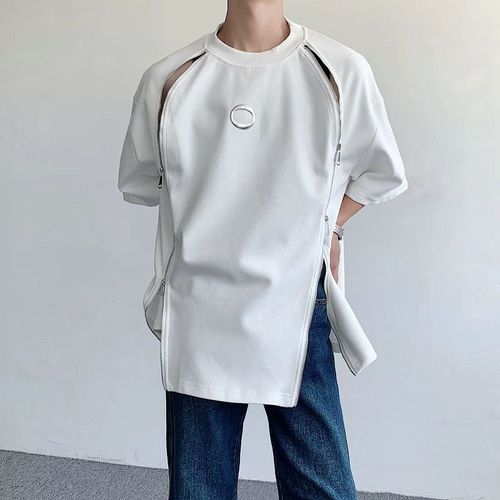 Old School West Coast Zipper Heavyweight Collarless Short Sleeve Men's Summer Streetwear T-Shirt with a Cool and Tough Style