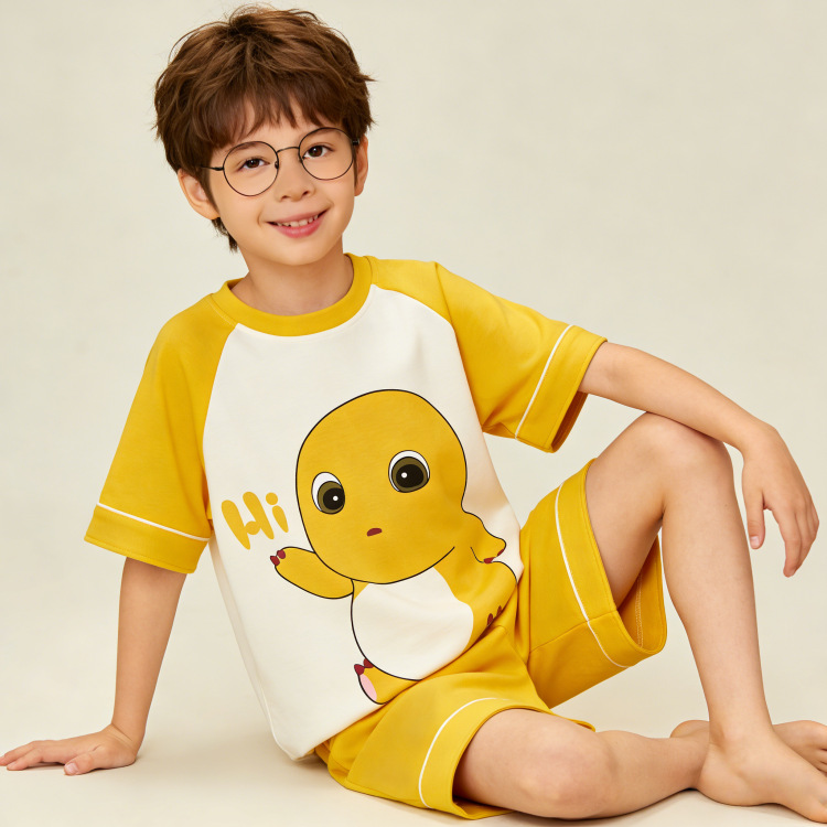 Children's Pajamas, Boys' Pure Cotton Summer Short-Sleeved Shorts Set, Cartoon Milk Dragon, Medium and Large Children's Home Clothes Wholesale One Piece