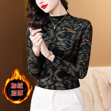 加绒加厚半高领长袖T恤女2024秋冬弹力网纱中国风印花上衣