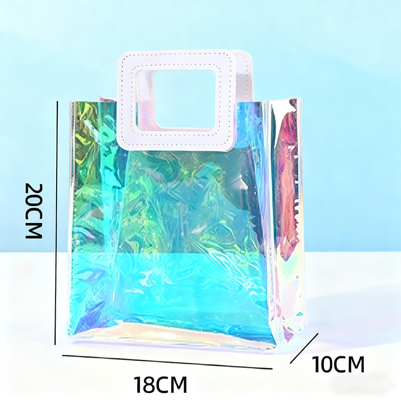 Bolso de mano holográfico transparente de plástico PVC, impreso a medida con el logotipo publicitario de la empresa, bolsa de regalo colorida hecha a medida.