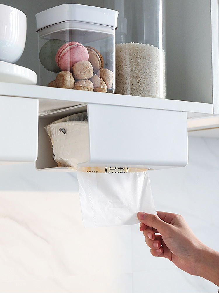 Wall-mounted household tissue box, no punching required, kitchen and bathroom tissue holder, storage paper towel rack