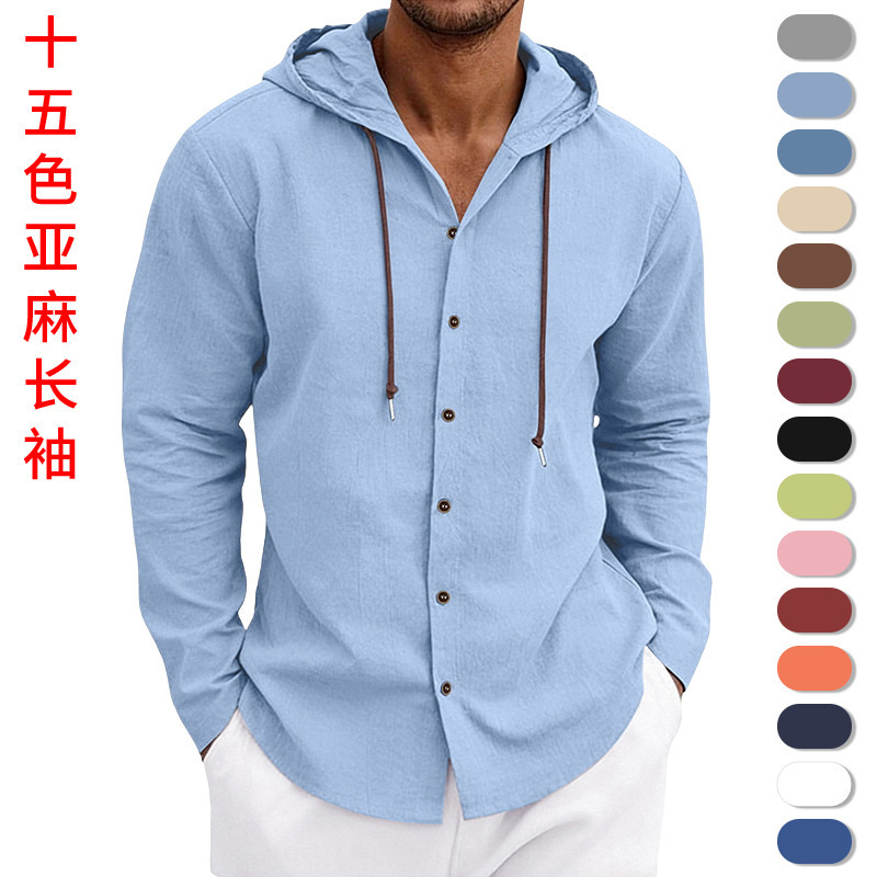 American-Style Cross-Border Men's Plus-Size Shirt, Linen Solid Color, Simple Loose Casual Hawaiian Long-Sleeve Hooded Shirt American-Style Cross-Border Men's Plus-Size Shirt, Linen Solid Color, Simple Loose Casual Hawaiian Long-Sleeve Hooded Shirt