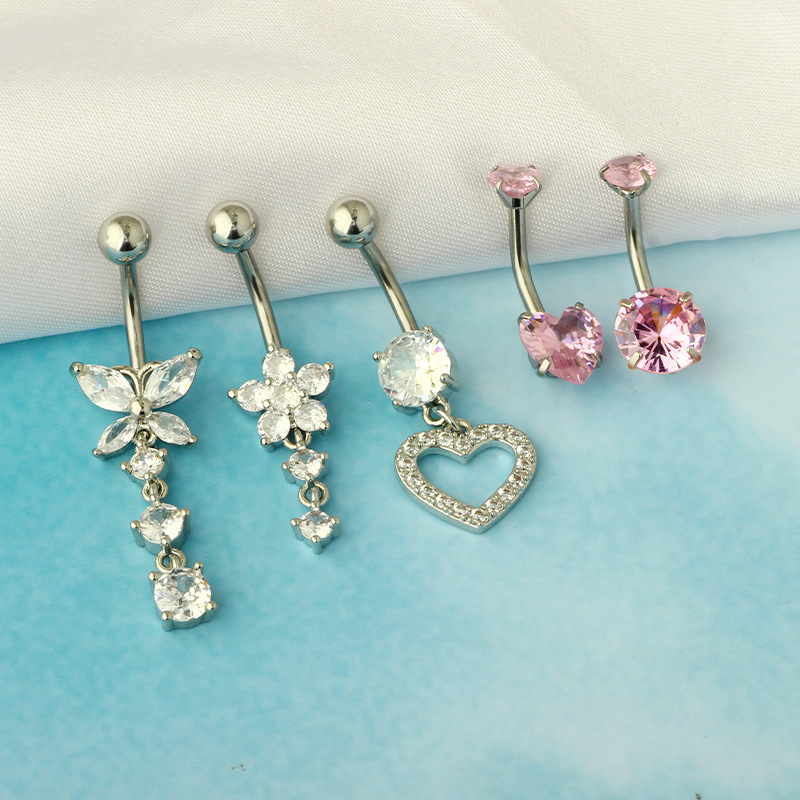 Heart-Shaped 5-Piece Belly Button Ring Set - Stainless Steel Zircon Navel Jewelry for Women detail image 7