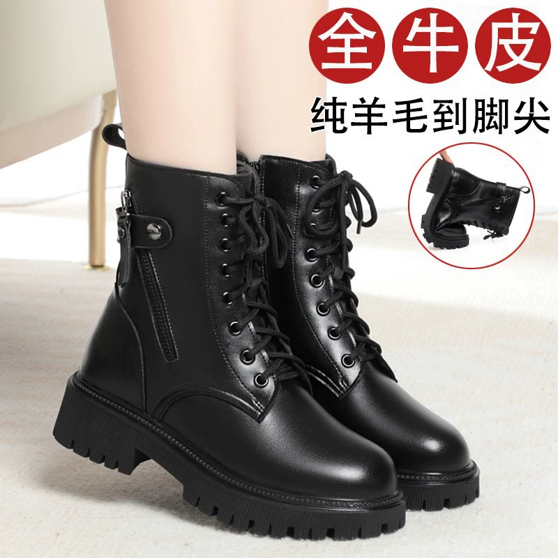 Трансграничные полностью кожаные кожаные ботинки Martin женские ботинки средние каблуки плюс бархат зимний новый стиль шерстяные хлопчатобумажные ботинки на толстом каблуке женские ботинки