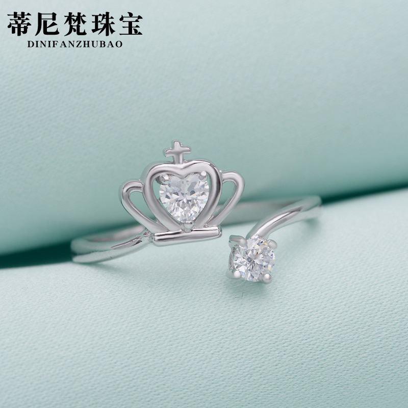Estilo coreano chica fresca circón anillo pulsera S925 plata esterlina diamante incrustado corona corazón anillo abierto para las mujeres