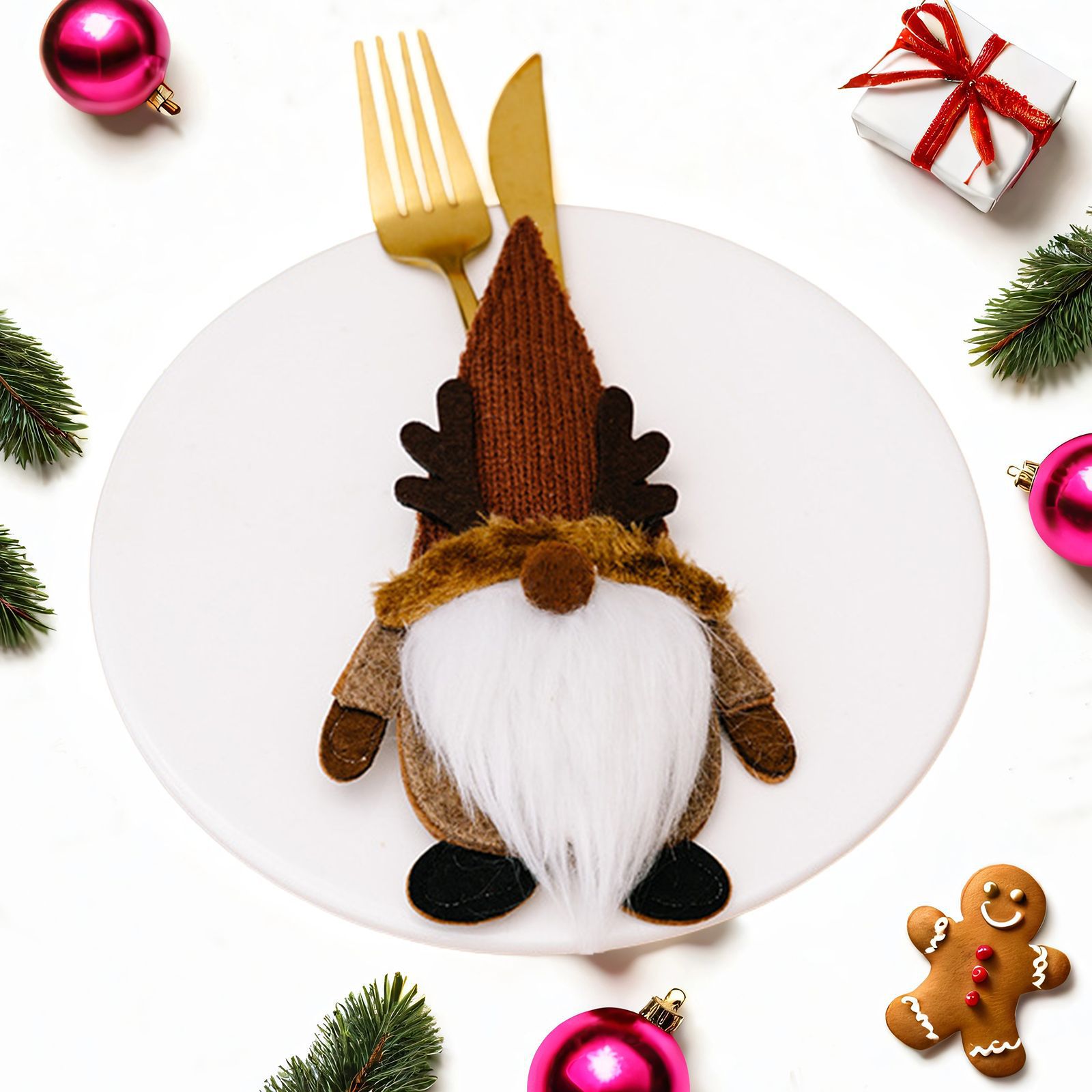 Nuevos productos transfronterizos de decoración de escritorio de Navidad muñeca sin cara cubierta de cuchillo y tenedor adorable enano Rudolph cubierta de cuchillo y tenedor de Navidad