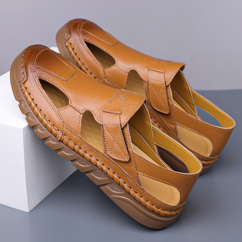 Zapatos de verano para hombres con suela suave transpirables zapatos casuales con un pie de calzado, sandalias de cuero vacías cosidas a mano