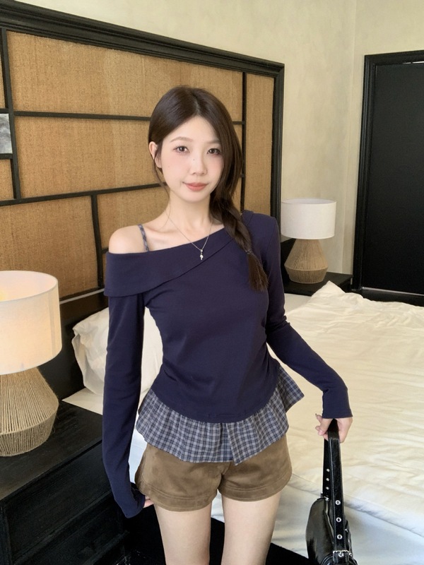 大码胖MM秋季新款韩系复古假两件拼接格子T恤修身显瘦上衣|undefined