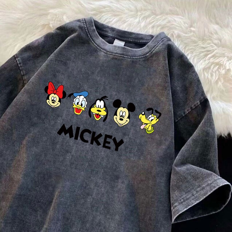Cartoon Print Washed Cotton Short-Sleeve T-Shirt for Men and Women, Summer Vintage Style, Large Size Top Cartoon Print Washed Cotton Short-Sleeve T-Shirt for Men and Women, Summer Vintage Style, Large Size Top