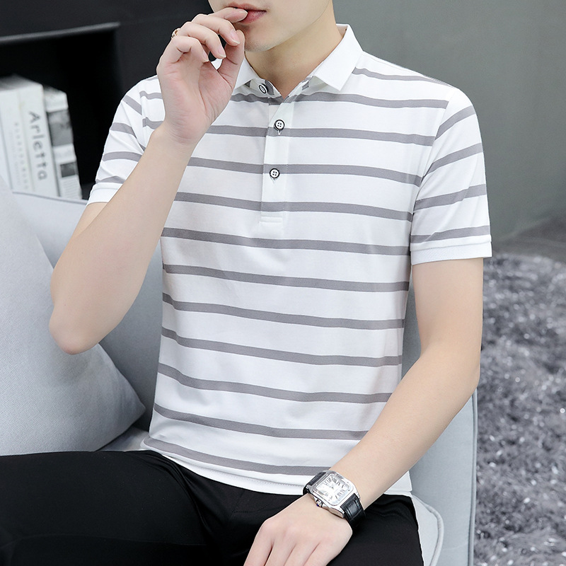 Summer New Men's Striped Short-sleeved Polo Shirt Men's Handsome Cross-striped Half-sleeved Lar T-shirt Casual Business Top
