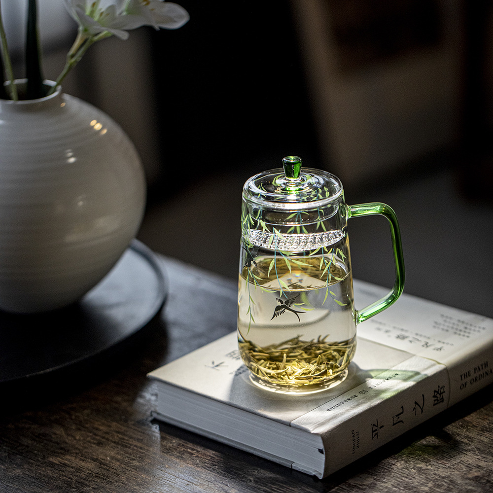 高硼硅玻璃茶杯带盖子办公室手把水杯高颜值花茶杯子不烫手
