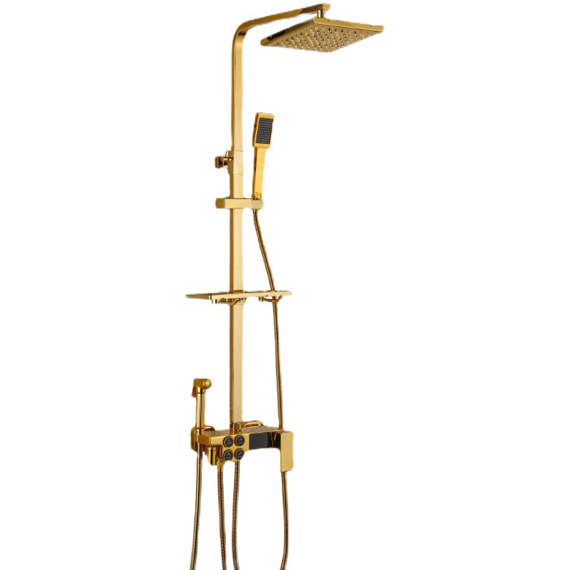 Decoración del hogar cobre dorado ducha de agua fría y caliente boquilla de refuerzo baño pantalla digital inteligente ducha de temperatura constante conjunto