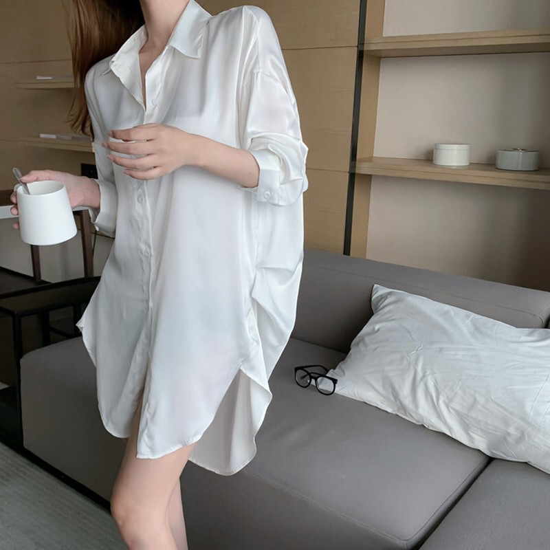 Women's Pajamas Spring and Autumn Shirts Ice Silk Summer Sexy 2026 New Loose Women's Nightgown Pure Desire Style Set