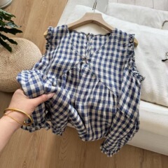 设计感格子衬衫女2025年夏季新款宽松遮肉显瘦木耳边无袖背心上衣
