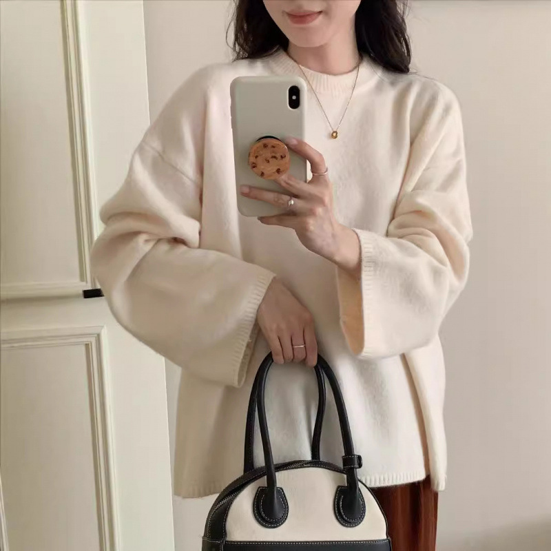 Cross-Border New Large Size Solid Color Round Neck Loose Lazy Style Knitted Pullover Sweater for Women Autumn and Winter New Basic Pullover Sweater Cross-Border New Large Size Solid Color Round Neck Loose Lazy Style Knitted Pullover Sweater for Women Autumn and Winter New Basic Pullover Sweater
