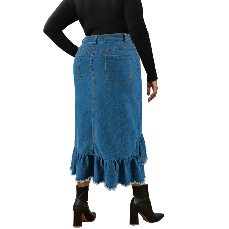 Dames plus size denim rok met kwastjes lang en elegante pasvorm_voghion.com