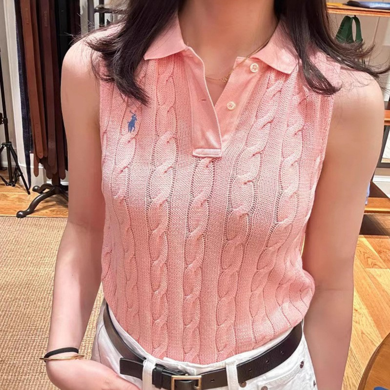 In Stock~Rl Raffia Twist Pony Logo Embroidery Polo Collar Vest Knitted Vest Women's T-Shirt Sleeveless Knitted Sweater Women