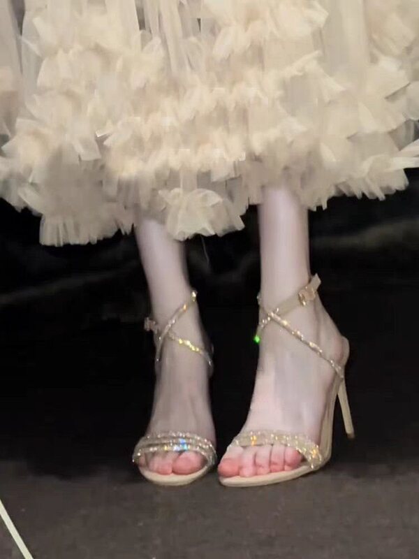 Really Shiny~~Champagne-Colored Rhinestone Strap Thin-Heeled High-Heeled Sandals for Women, Slimming Satin Party High Heels for Summer Really Shiny~~Champagne-Colored Rhinestone Strap Thin-Heeled High-Heeled Sandals for Women, Slimming Satin Party High Heels for Summer