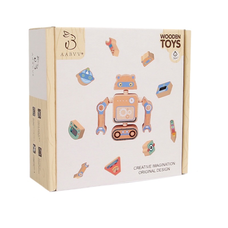 Los niños ensamblan una variedad de robots de madera, bricolaje creativo, bloques de construcción tridimensionales de madera, juguetes de coordinación mano-ojo