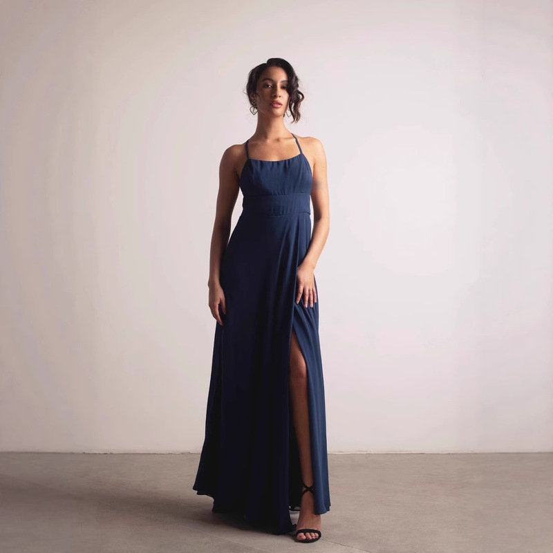 Cross-Border European and American Fashion Amazon 2025 Hot Style Cross-Strap Backless High-Slit Ultra-Long Solid Color Dress