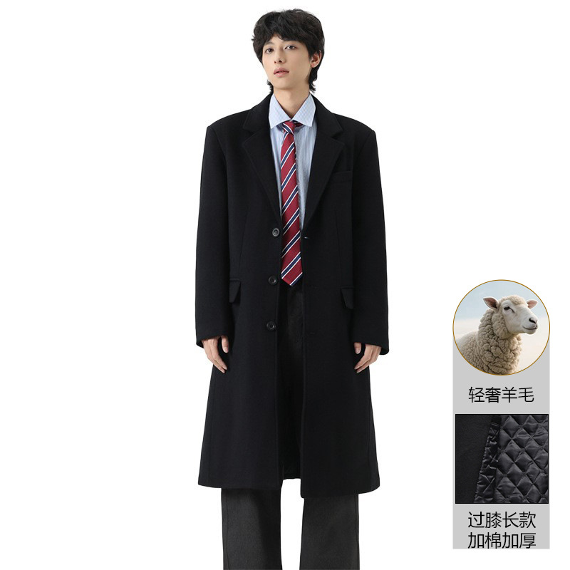 Autumn and winter men's woolen coat, long over-the-knee style, with a suit collar, single-breasted, detachable goose down lining, woolen trench coat