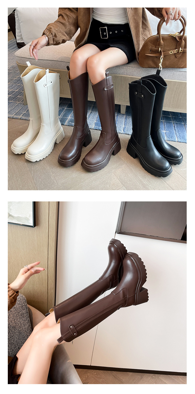 Boot nữ cổ cao ôm bắp chân đế dày gót thấp da thật mùa thu đông — Lớp lót nhung ống lớn màu nâu, Màu nâu cộng với lớp lót đơn lớn, Màu nâu cộng với lớp lót nhung lớn, Lớp lót nhung ống lớn màu đen chi tiết 7